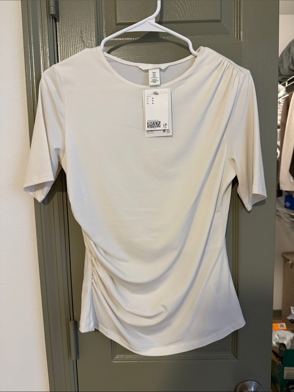 H&M Cream Short-Sleeve Ruched Side Crewneck Top